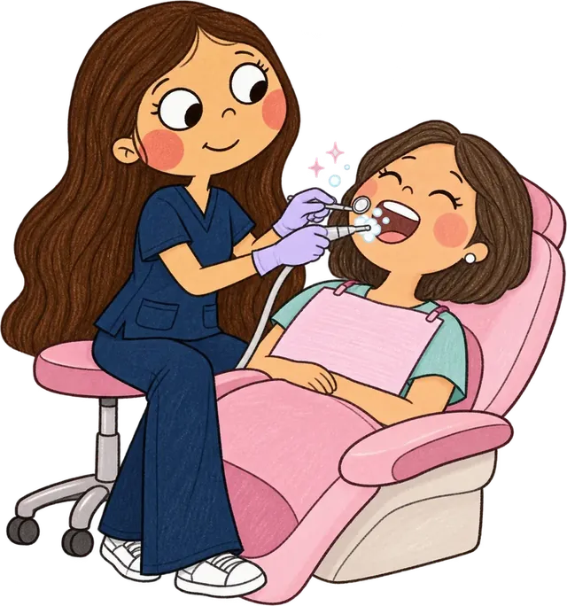 A Dra. Amanda fazendo limpeza nos dentes de uma paciente